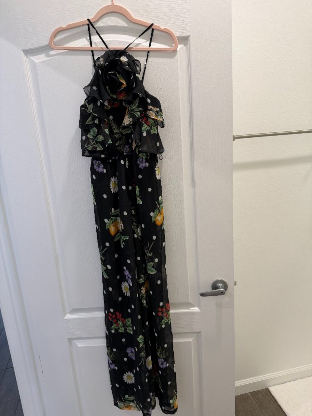 Avec Les Filles Black Floral Polka Dot Ruffle Halter Maxi Dress Size 0